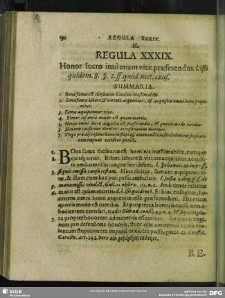 Regula XXXIX. Honor lucro imò etiam vitae praeferendus