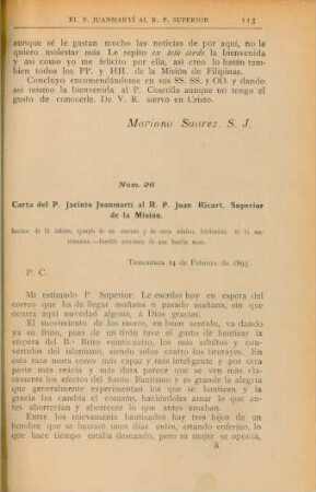 Núm. 26. Carta del P. Jacinto Juanmartí al R. P. Juan Ricart, Superior de la Misión