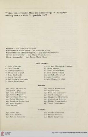 Wykaz pracowników Muzeum Narodowego w Krakowie według stanu z dnia 31 grudnia 1975