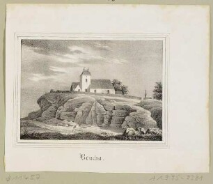 Die Bergkirche auf dem Kirchberg über dem gefluteten Kirchbruch (Steinbruch) in Beucha (Brandis-Beucha) östlich von Leipzig, aus Sachsens Kirchen-Galerie von Hermann Schmidt, Bd. 9, 1844