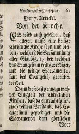 61-72, Der 7. Artickel. Von der Kirche. - Der 15. Artickel. Von Kirchen-Ordnungen.