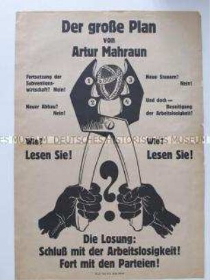 Illustrierter Maueranschlag mit Propaganda für einen Plan zur Überwindung der Arbeitslosigkeit