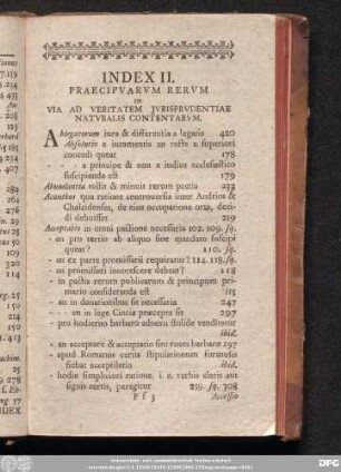Index II. Praecipuarum Rerum In Via Ad Veritatem Iurisprudentiae Naturalis Contentarum.