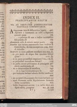 Index II. Praecipuarum Rerum In Via Ad Veritatem Iurisprudentiae Naturalis Contentarum.