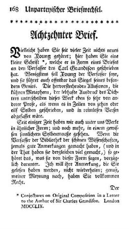 Achtzehnter Brief [VI. Youngs Conjectures on Original Composition]