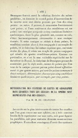Détermination des systèmes de cartes de géographie dans lesquels tous les cercles de la sphère sont reprèsentés par des cercles.