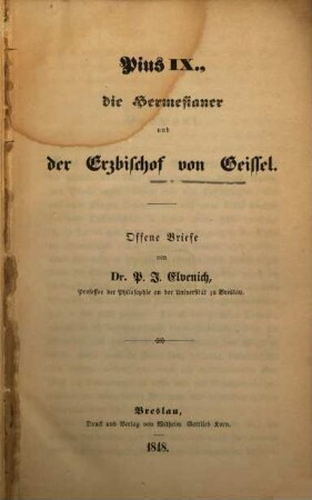Pius IX., die Hermesianer und der Erzbischof von Geissel : Offene Briefe