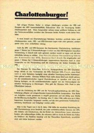 Propagandaflugblatt der KPD Berlin-Charttenburg zur Vereinigung mit der SPD