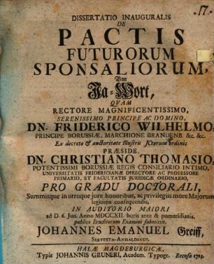 Dissertatio iuridica de pactis futurorum sponsaliorum, Von Ja-Wort