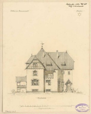 Villa für eine Familie, Berlin-Grunewald Monatskonkurrenz September 1892: Aufriss Nordansicht; Maßstabsleiste