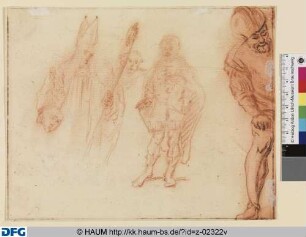 Figurenstudien, Halbfigur eines Bischofs mit Krummstab, Ganzfigur eines stehenden Mannes, zwei Kopfstudien, Studie eines gebeugt stehenden Mannes
