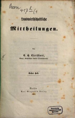 Landwirthschaftliche Mittheilungen. 1. 1856