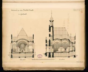 Friedhofskapelle, Greifswald Monatskonkurrenz Oktober 1883: Längsschnitt, Querschnitt (Richtung Altar); Maßstabsleiste