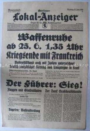 Tageszeitung "Berliner Lokal-Anzeiger" zur Unterzeichnung der Waffenruhe mit Frankreich
