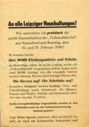 Handzettel mit einem Aufruf der Volkssolidarität zur Sammlung von Kleidungsstücken und Schuhen
