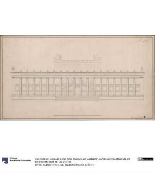Berlin. Altes Museum am Lustgarten. Aufriss der Hauptfassade mit der Inschrift