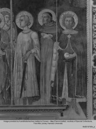 Maestà mit Heiligen, Stadtpatronen und Stifter : Die Heiligen Bartholus und Ludwig IX.