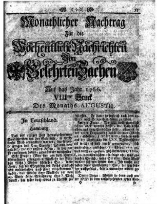 Monathlicher Nachtrag [...] Auf das Jahr 1766 VIIItes Stuck Des Monaths Augustii