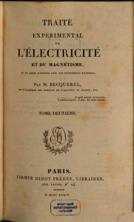 Traité expérimental de l'électricité et du magnétisme et de leurs rapports : avec les phénomènes naturels, 2