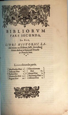 Testamenti Veteris Biblia Sacra, Sive, Libri Canonici, Priscae Iudaeorum Ecclesiae a Deo traditi : Latini recens ex Hebraeo facti, brevibusque Scholiis illustrati ab Immanuele Tremellio & Francisco Iunio. Accesserunt Libri Qui Vulgo dicuntur Apocryphi ... quibus etiam adjunximus Novi Testamenti libros ex sermone Syro ... versos, 2. Libri Historici