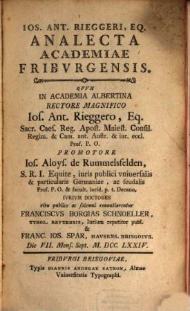 Analecta academiae Friburgensis ad historiam et iurisprudentiam praecipue ecclesiasticam illustrandam