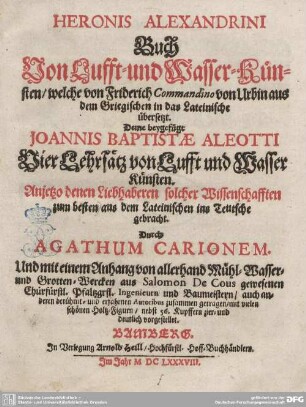 Heronis Alexandrini Buch Von Lufft- und Wasser-Künsten