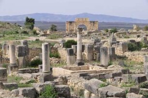 Volubilis - ausgegrabene römische Provinzhauptstadt : Die ausgegrabene Hauptstadt der einstigen römischen Provinz Mauretania Tingitana liegt in einer Hochebene am Fuße des Djebel Zerhaun. Aufgenommen in Volubilis am 30. Oktober 2010