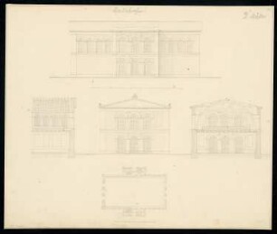 Reitbahn Monatskonkurrenz August 1833: Grundriss (halb) Erdgeschoss, (halb) Obergeschoss, Aufriss Vorderansicht, Seitenansicht, Teillängsschnitt, Querschnitt; Maßstabsleiste
