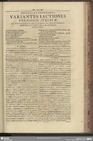 Addenda et Emendanda. Variantes Lectiones Versionis Syriacae Ex Polyglottis Anglicanie Et Editionibus Inprimis Gutbirii Et Car. Schaafii Collectae