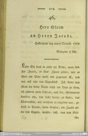 46. Herr Gleim an Herrn Jacobi. Halberstadt den 10ten Decemb. 1767. Morgens 5 Uhr