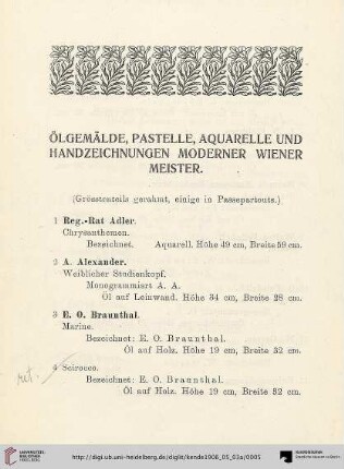 Ölgemälde, Pastelle, Aquarelle und Handzeichnungen Moderner Wiener Meister (Nr. 1-52)