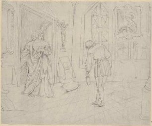 Knappe mit gezogener Mütze vor einer Dame in ihrem Andachtsraum