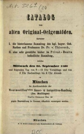 Kunstauctions-Cataloge der Montmorillon'schen Kunsthandlung und Auctionsanstalt (Joseph Maillinger). [24.] 1860, 26. Sept.