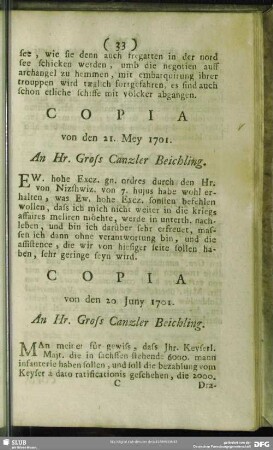 Copia von den 21. Mey 1701