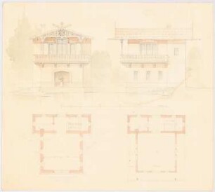 Pavillon am Wasser: 2 Grundrisse, Aufriss Vorderansicht, Seitenansicht