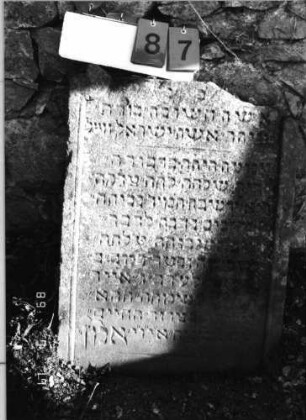 Grabstein 87 (Index: 99798157) Material: Sandstein, rot Zustand: stark verwittert Maße HxBxT: 79x59x10 cm Beschreibung: Stele, geschwungener Abschluß Besonderheit: Namensakrostichon: Grabstein 87 (2)