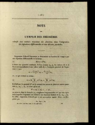 Note sur L'emploi des théorèmes ralatifs aux valeurs moyennes des fonctions dans l'intégration des équations différentielles et aux dérivées partielles.