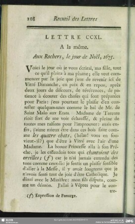 Lettre CCXL. A la même. Aux Rochers, le jour de Noël, 1675