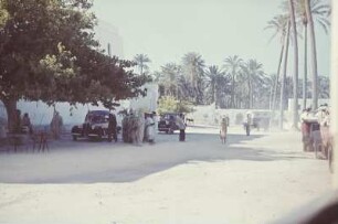 Reisefotos. Libyen. Ghadames. Straßenbild mit Einheimischen, Autos und Palmen