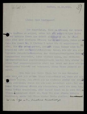 Nr. 39: Brief von Otto Blumenthal an David Hilbert, Aachen, 21.12.1912