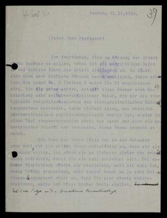 Nr. 39: Brief von Otto Blumenthal an David Hilbert, Aachen, 21.12.1912