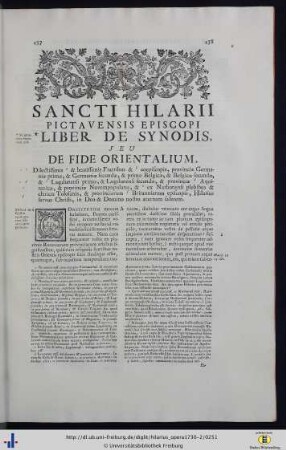 Sancti Hilarii Pictavensis Episcopi Liber De Synodis.