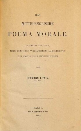 Das mittelenglische Poema morale : im kritischen Text