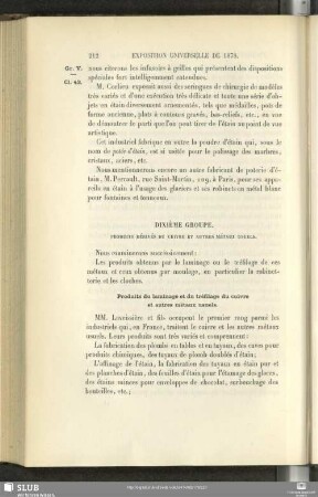 Dixième Groupe. Produits Dérivés Du Cuivre Et Autres Métaux Usuels