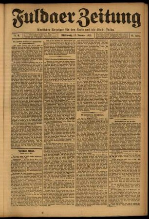 Erste Ausgabe vom Mittwoch, den 12. Januar 1921.