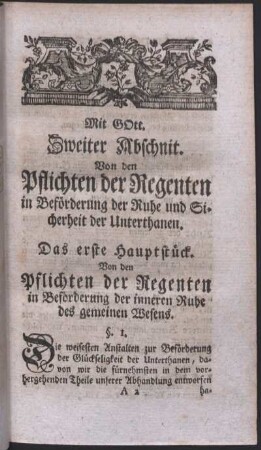 Mit Gott. Zweiter Abschnit. Von den Pflichten der Regenten in Beförderung der Ruhe und Sicherheit der Unterthanen.