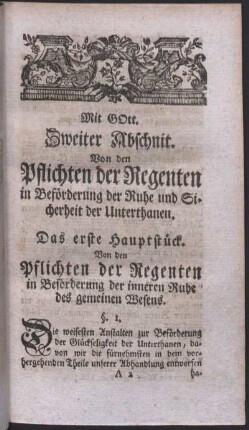 Mit Gott. Zweiter Abschnit. Von den Pflichten der Regenten in Beförderung der Ruhe und Sicherheit der Unterthanen.