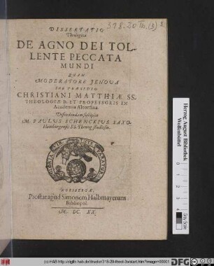 Dissertatio Theologica De Agno Dei Tollente Peccata Mundi
