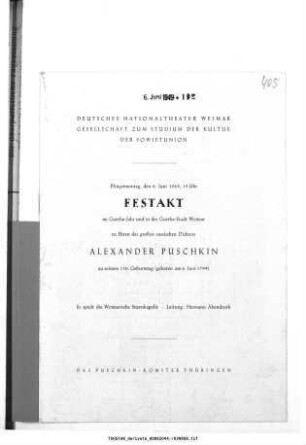 Festakt [...] zu Ehren des großen russischen Dichters Alexander Puschkin zu seinem 150. Geburtstag