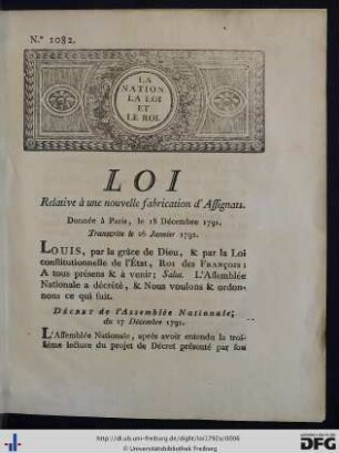 Loi Relative à une nouvelle fabrication d'Assignats.